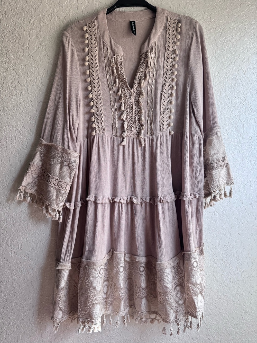 Just Fashion Now Boho Embroidered Lace Tassel Tiered Dress Sz S